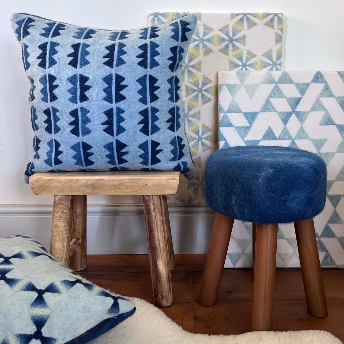 Hand-Felted British Wool Footstool - Deep Indigo