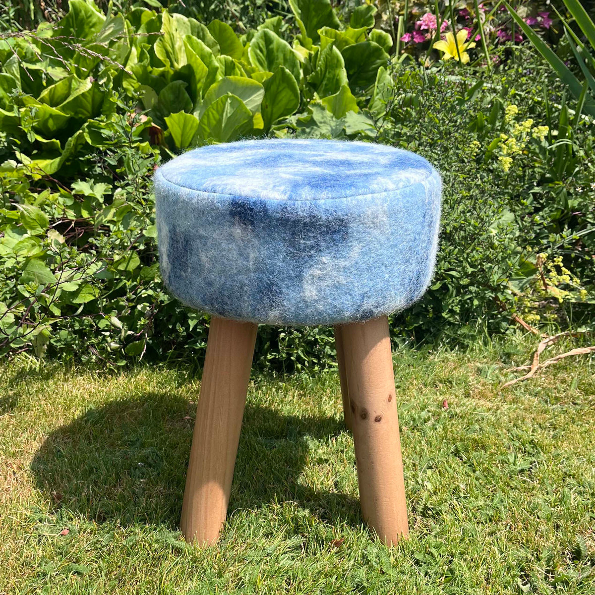 Hand-Felted British Wool Footstool - Marbled Indigo