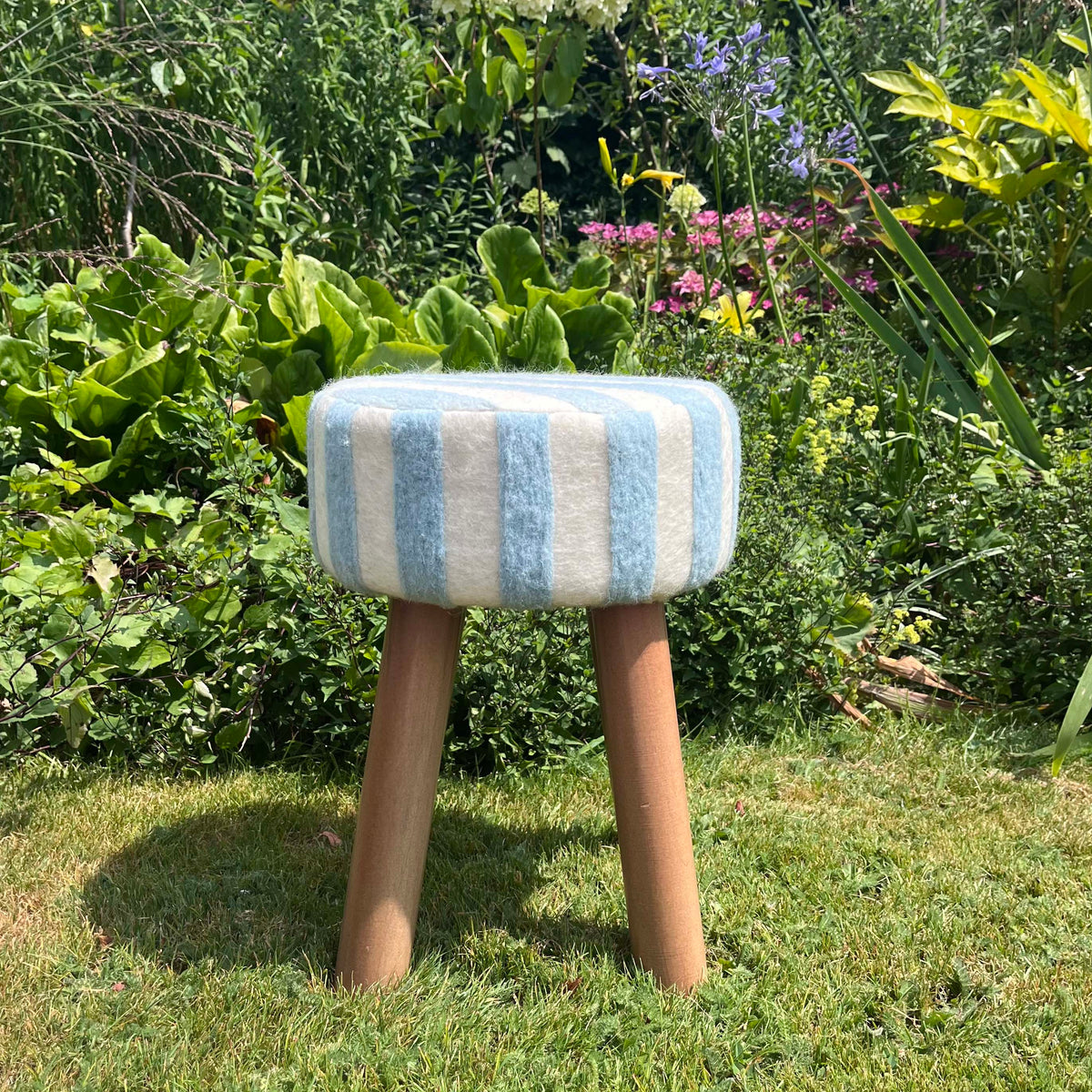 Hand-Felted British Wool Footstool - Blue and White Stripe