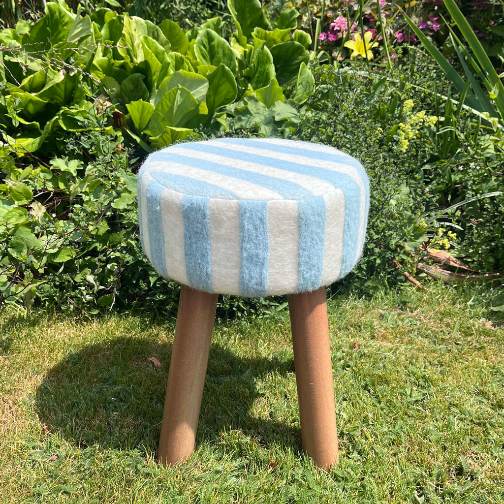 Hand-Felted British Wool Footstool - Blue and White Stripe