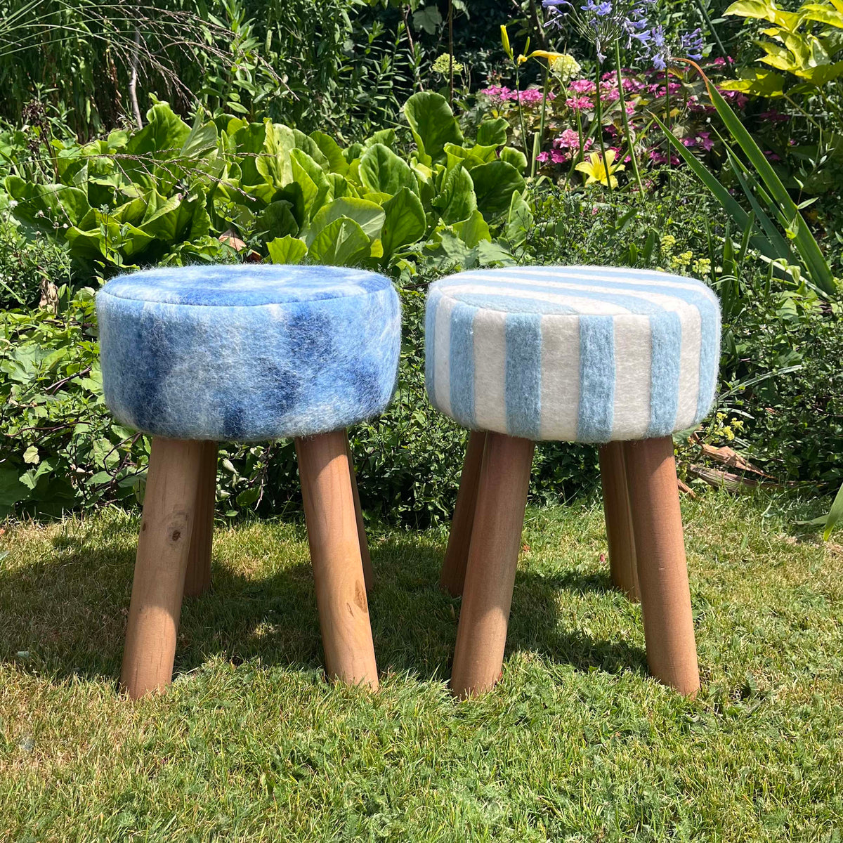 Hand-Felted British Wool Footstool - Blue and White Stripe