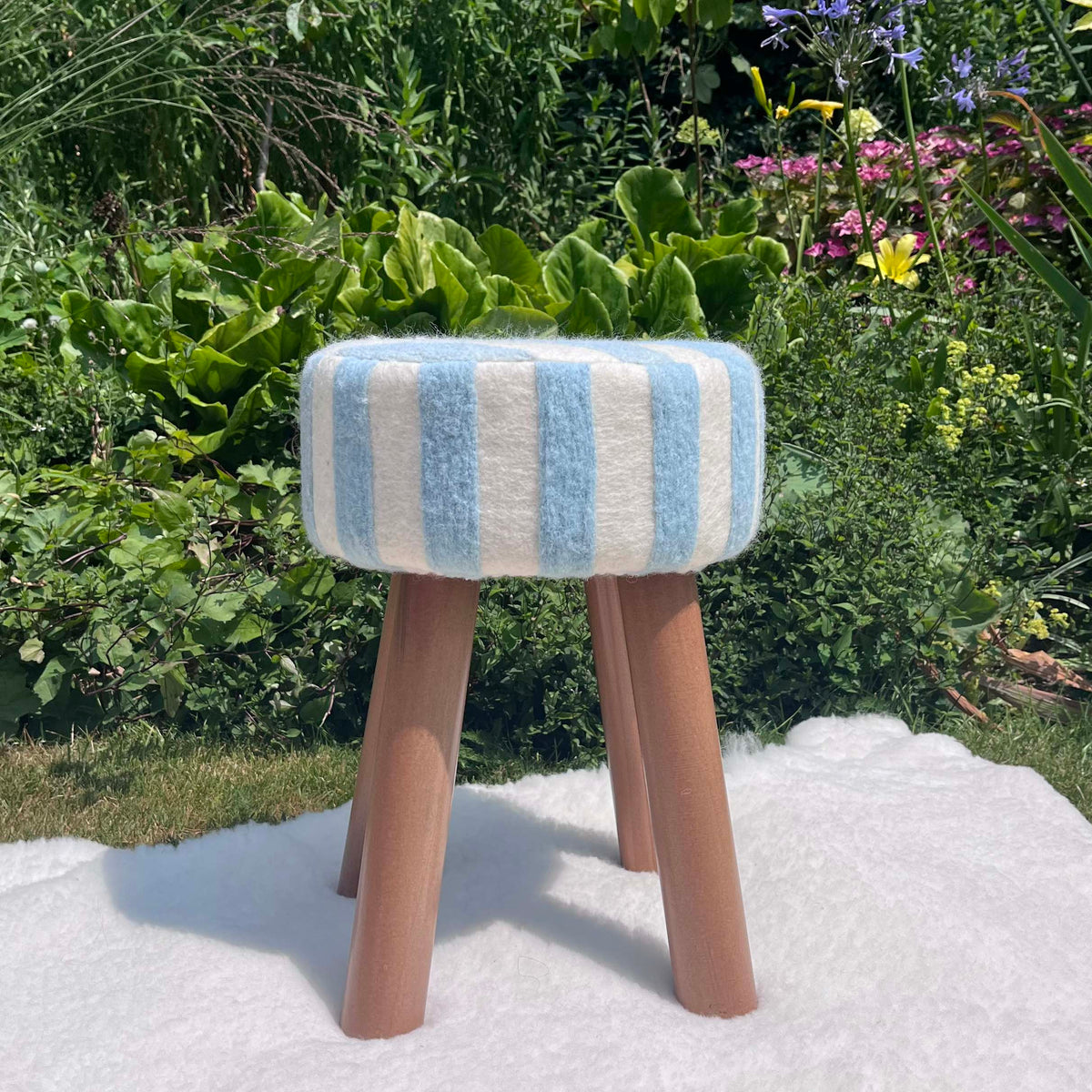 Hand-Felted British Wool Footstool - Blue and White Stripe