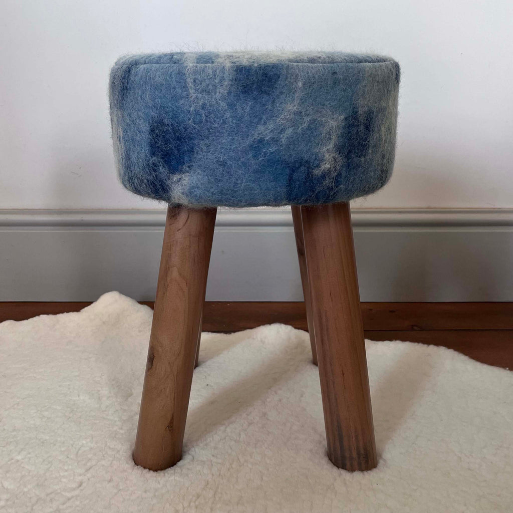 Hand-Felted British Wool Footstool - Marbled Indigo