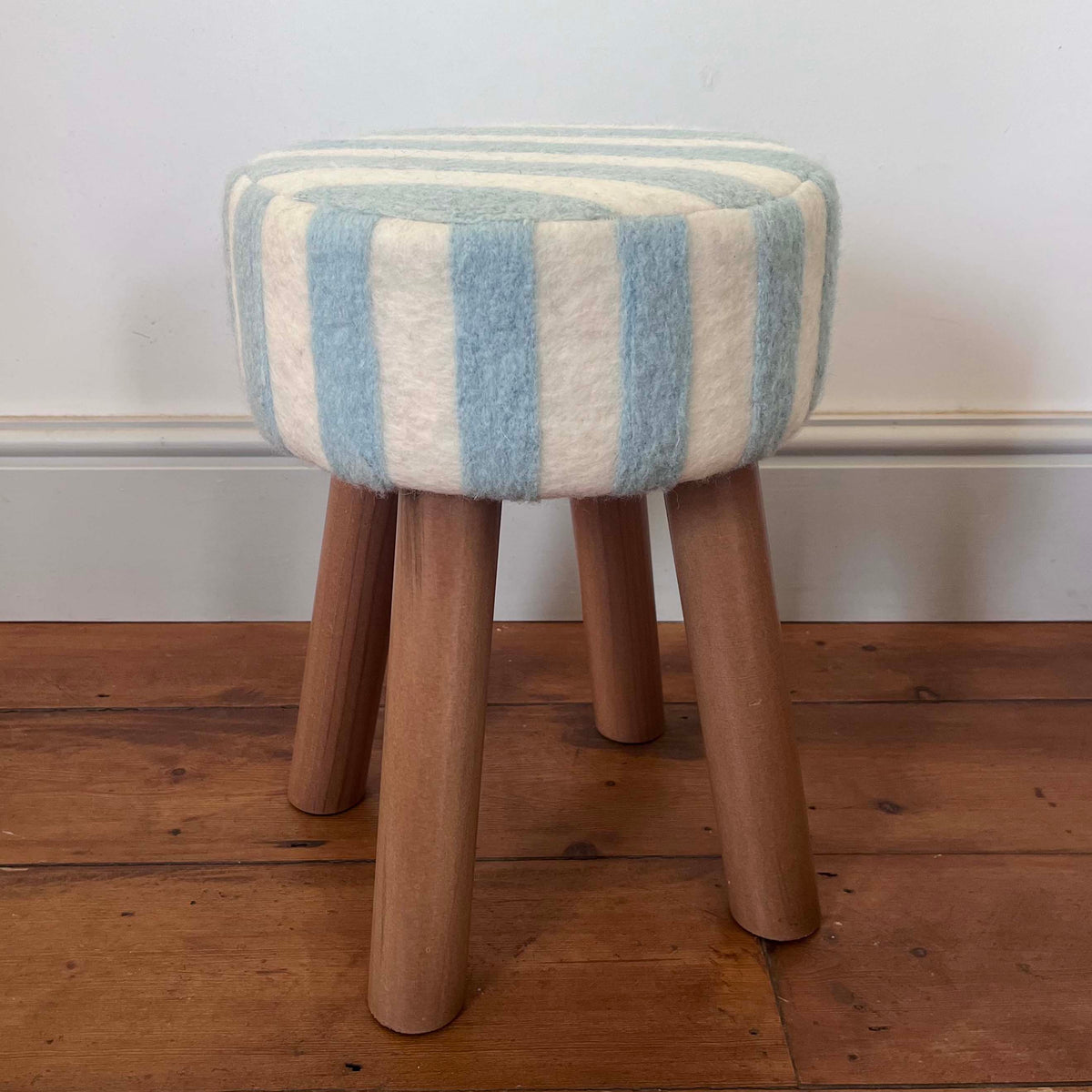 Hand-Felted British Wool Footstool - Blue and White Stripe