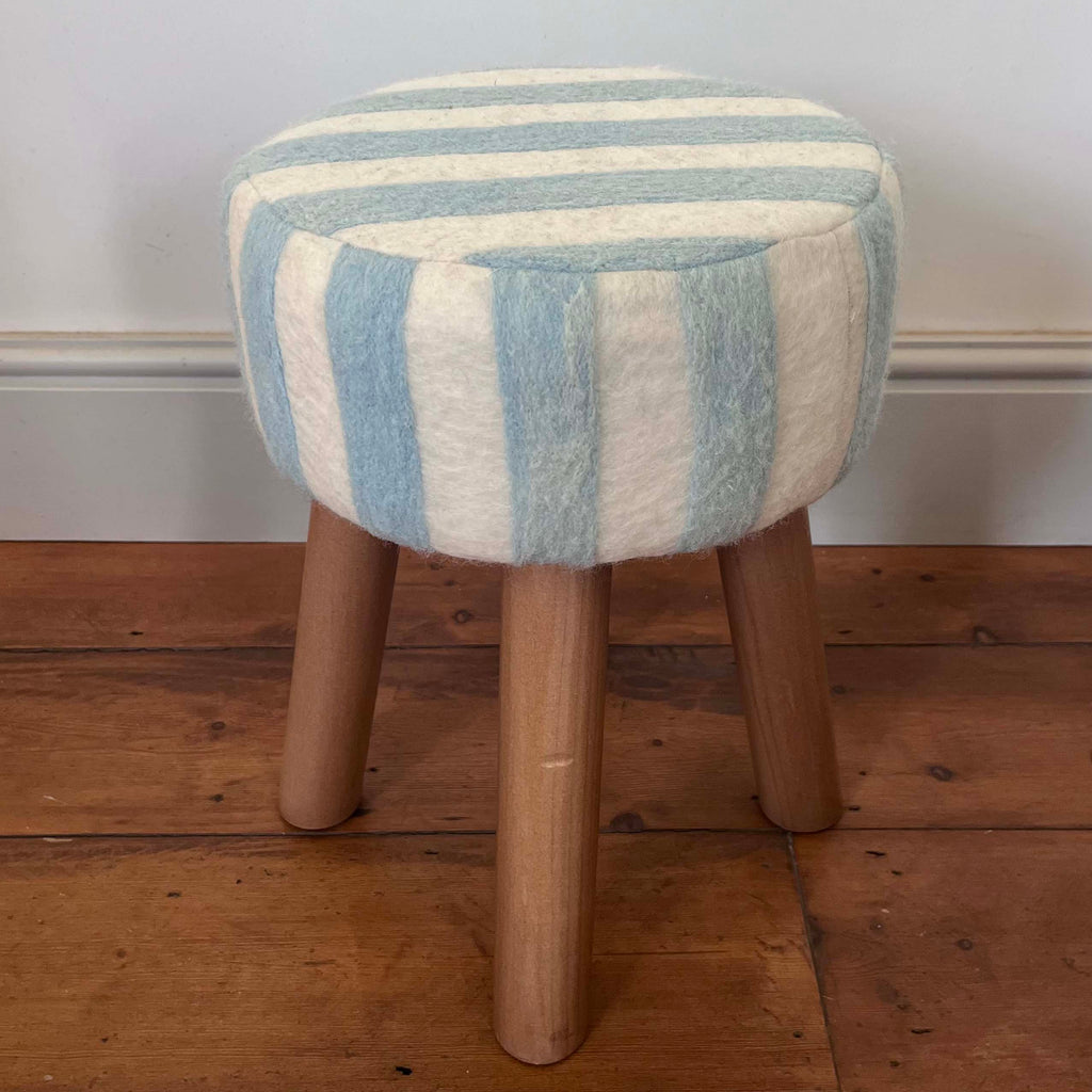 Hand-Felted British Wool Footstool - Blue and White Stripe