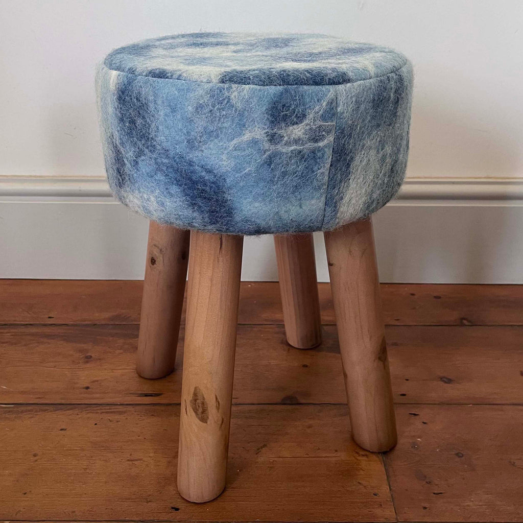Hand-Felted British Wool Footstool - Marbled Indigo