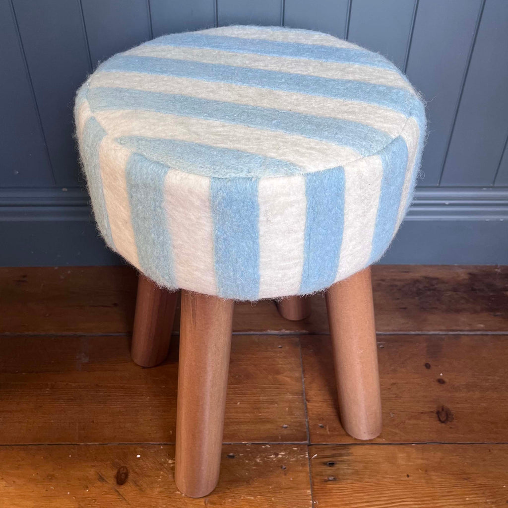 Hand-Felted British Wool Footstool - Blue and White Stripe