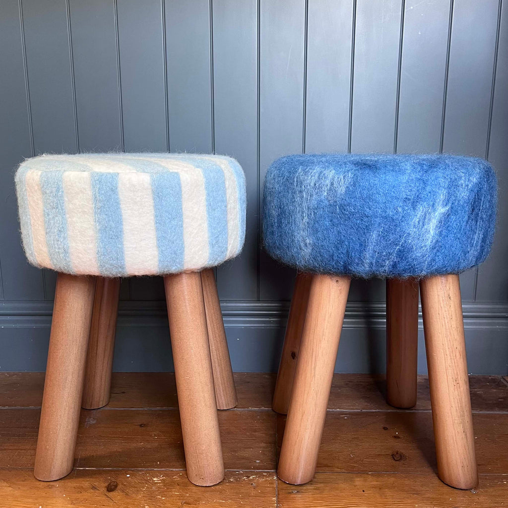 Hand-Felted British Wool Footstool - Blue and White Stripe