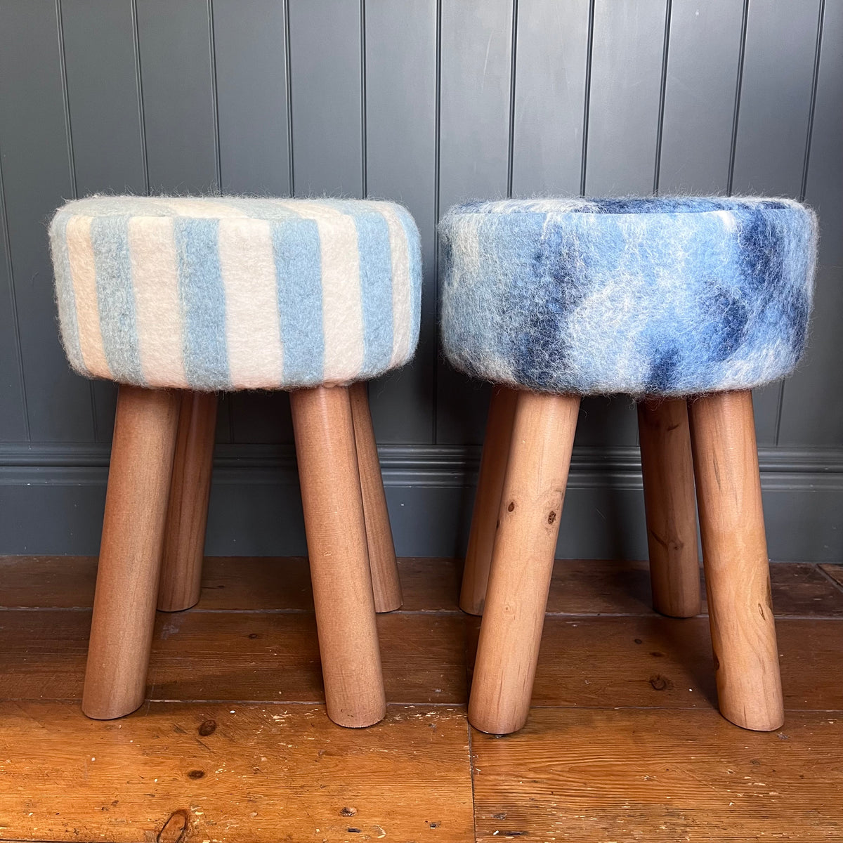 Hand-Felted British Wool Footstool - Marbled Indigo