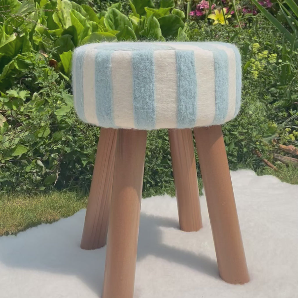 Hand-Felted British Wool Footstool - Blue and White Stripe